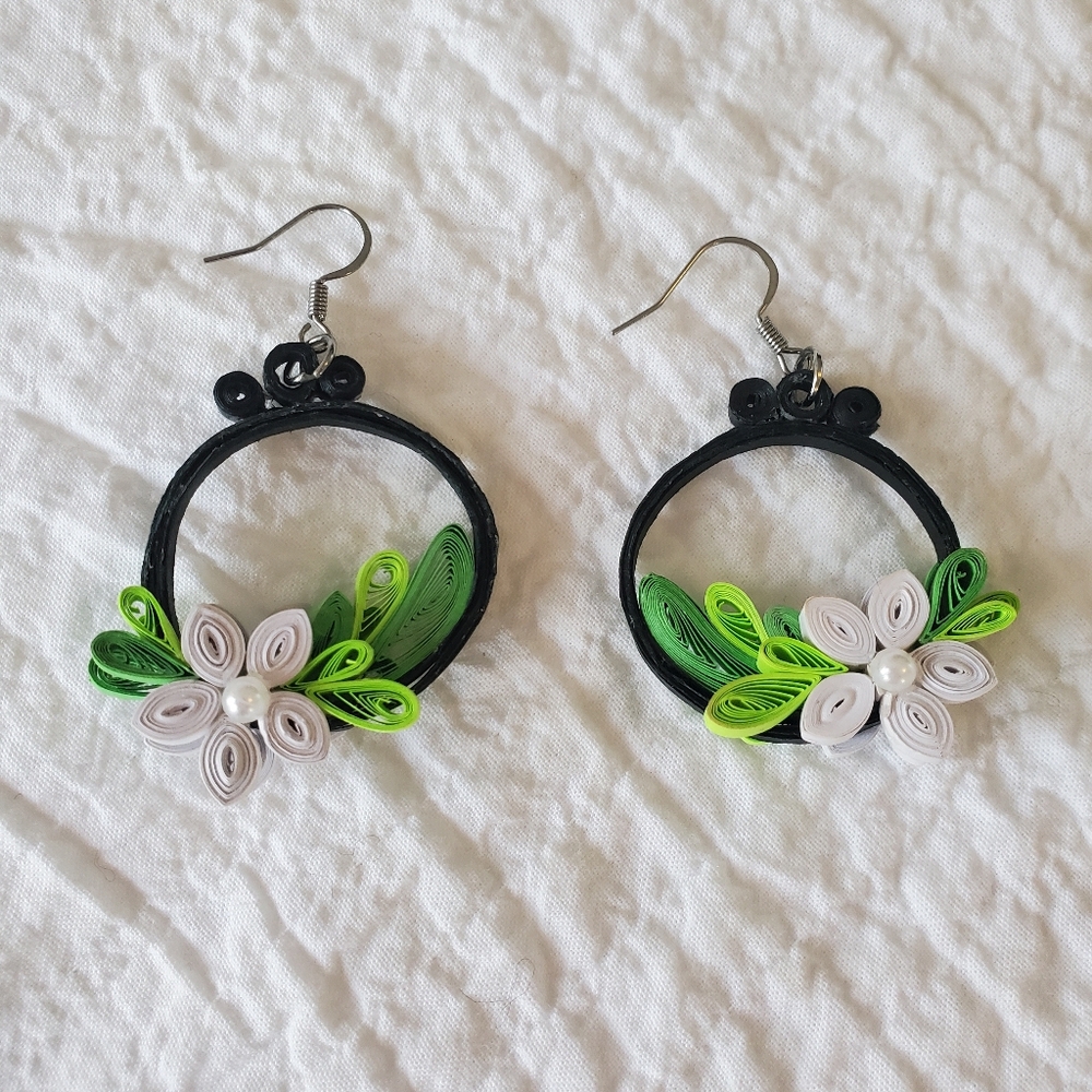 Handmade Paper Quilling Floral Dangling Hoop Earrings